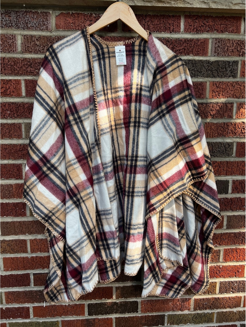 Tan Black and Burgundy Plaid Fleece Wrap Shawl Cardigan